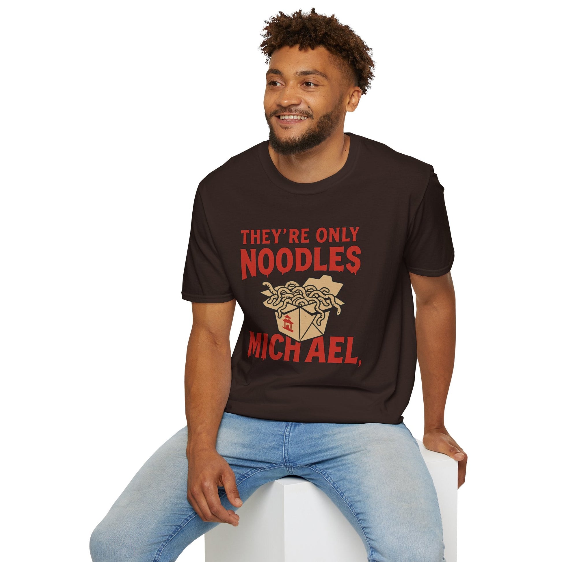 Black t-shirt with They're Only Noodles Michael Horror Movie Parody