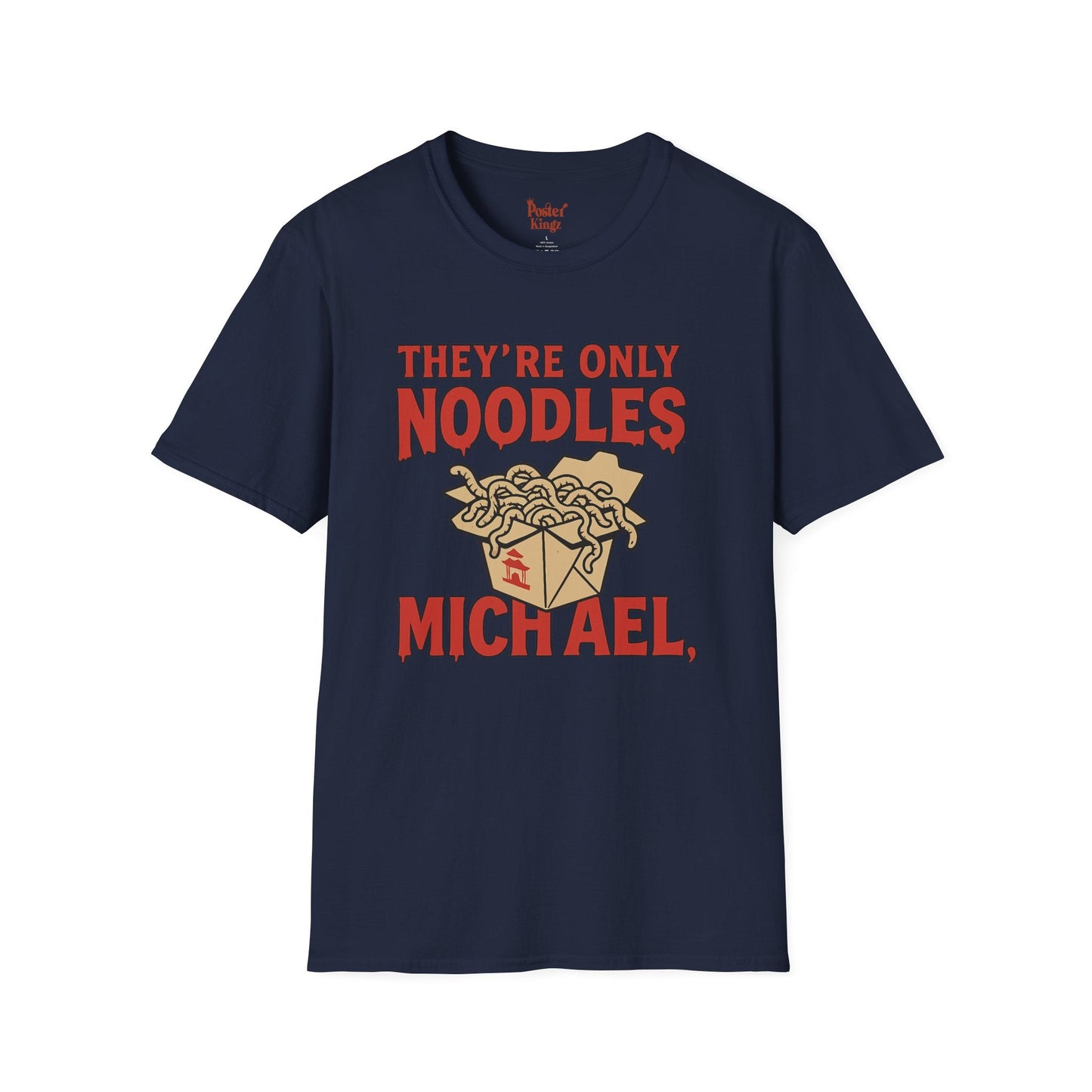 Black t-shirt with They're Only Noodles Michael Horror Movie Parody