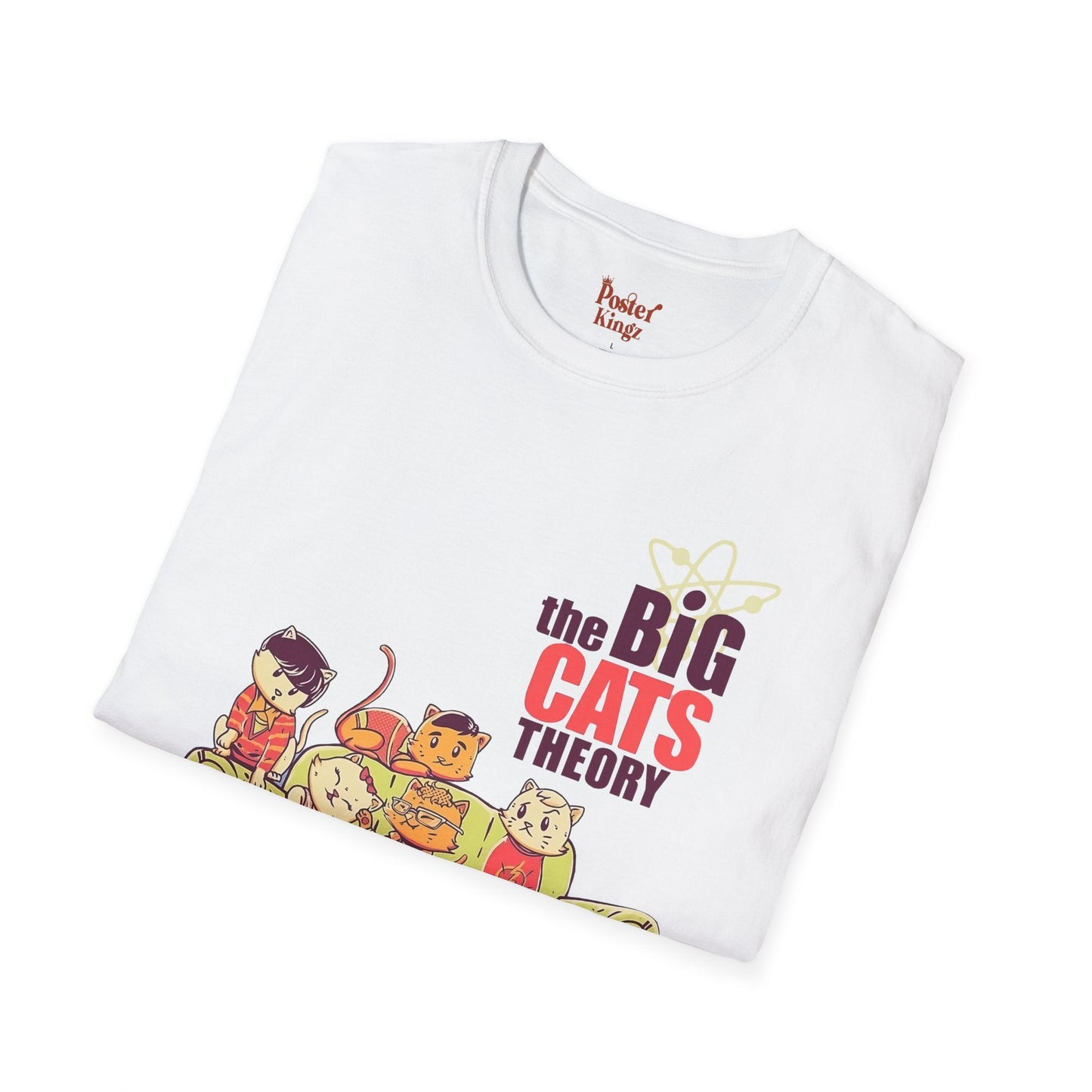 White t-shirt with The Big Cats Theory Cat Parody