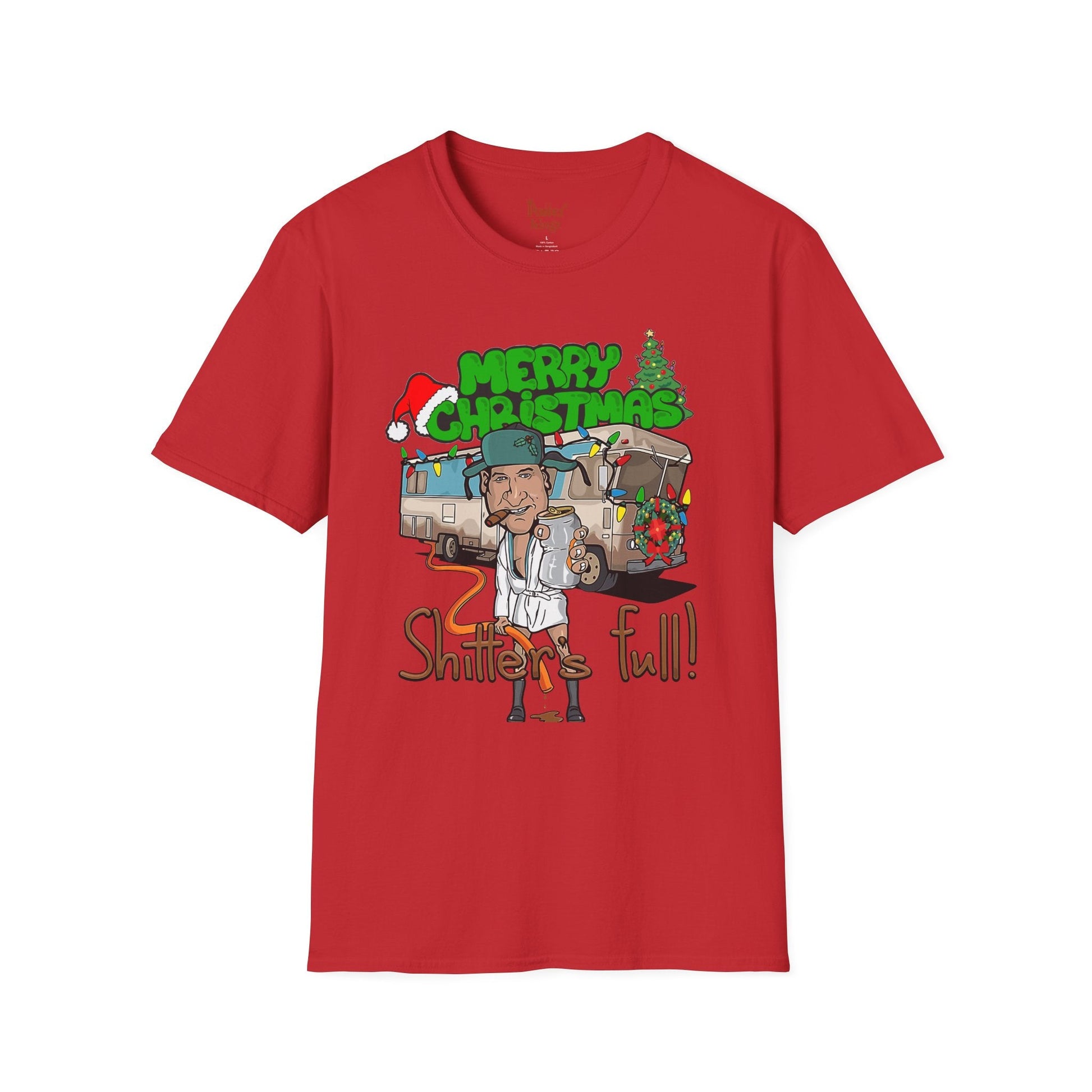 Red t-shirt with Shitter's Full Christmas Christmas Vacation Parody