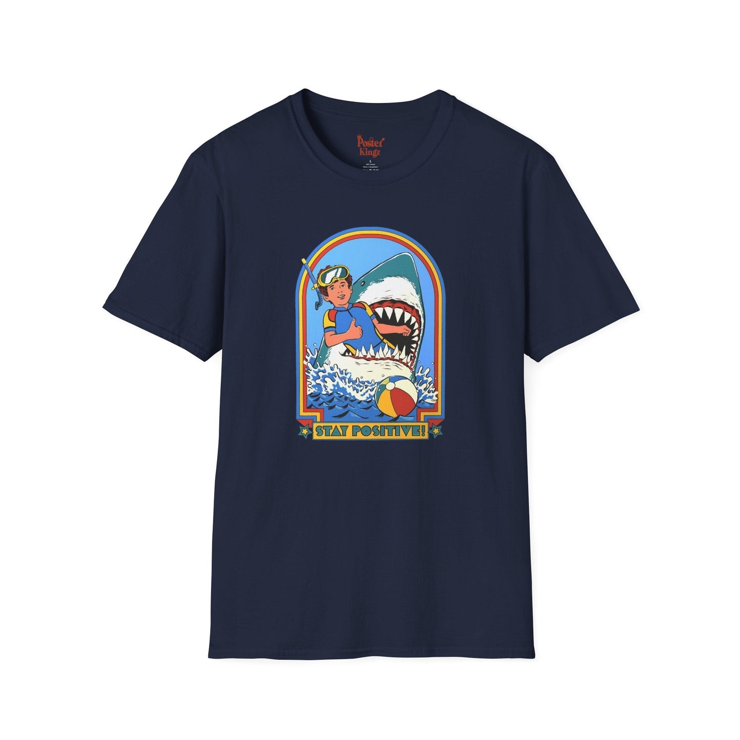 Red t-shirt with Stay Positive Dark Humour Shark