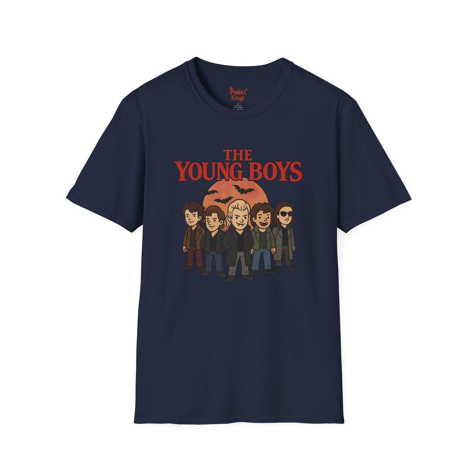 Navy t-shirt with The Young Boys Lost Boys Horror Parody