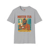 White t-shirt with Mister Tea Pop Culture Parody