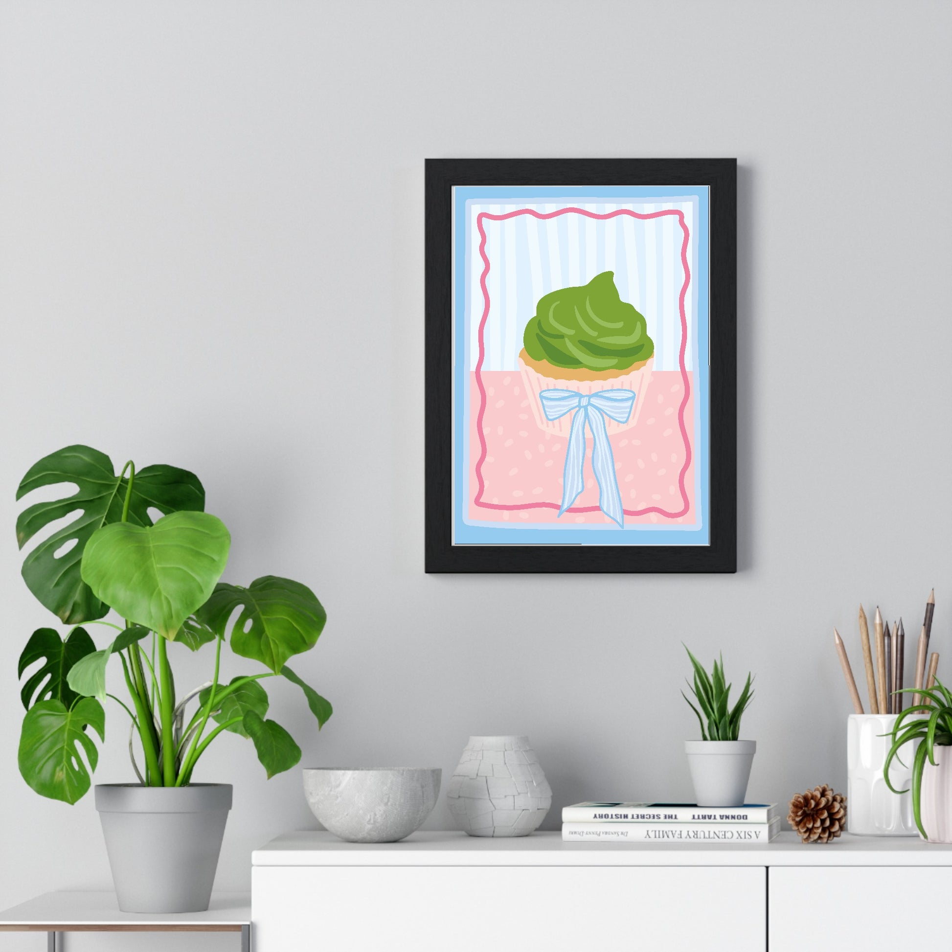 Matcha pancake poster framed on living room wall above side table
