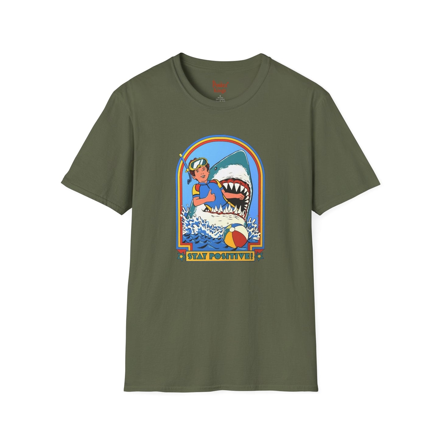 Black t-shirt with Stay Positive Dark Humour Shark