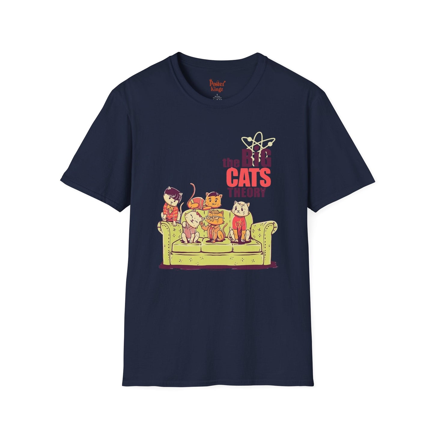 Black t-shirt with The Big Cats Theory Cat Parody