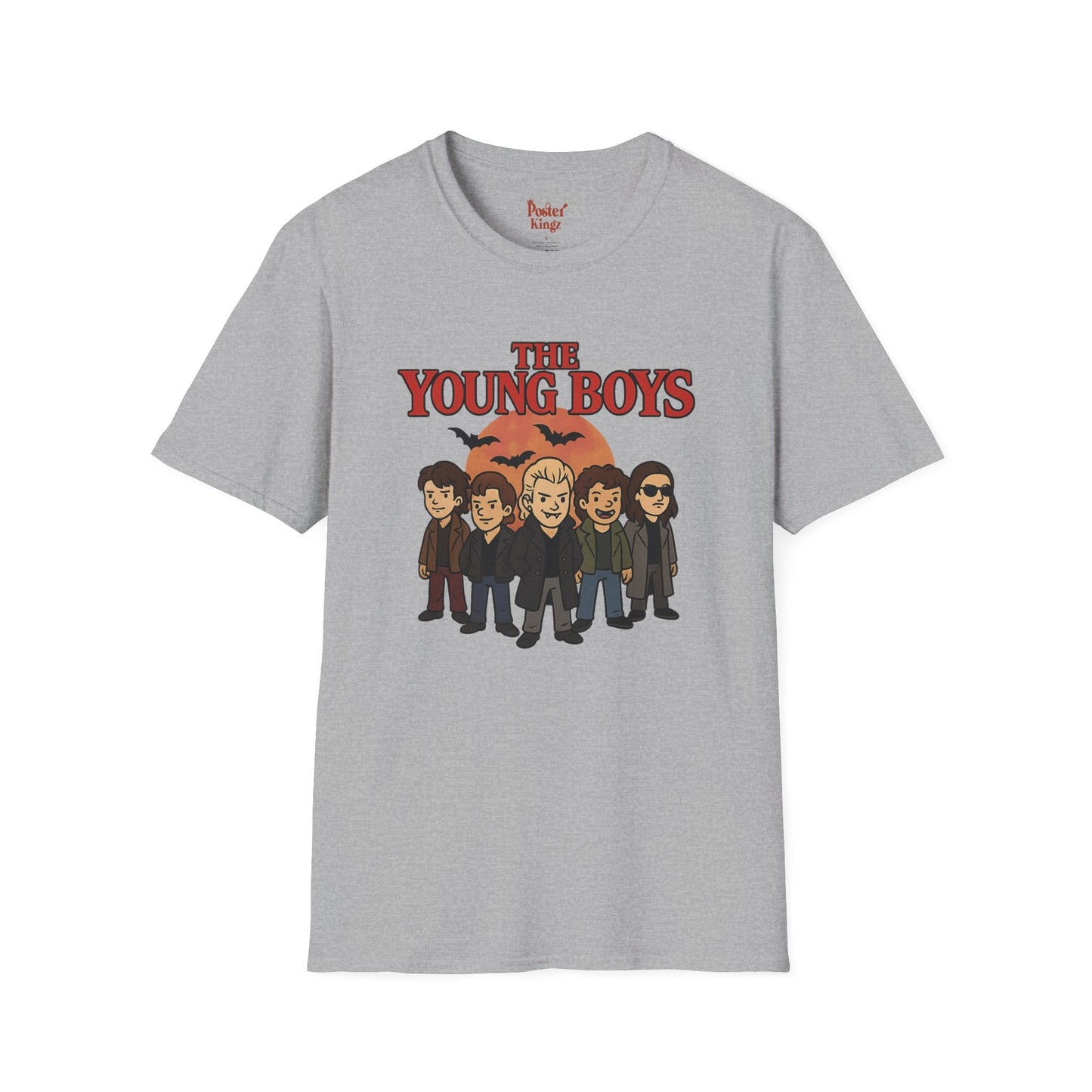 Grey t-shirt with The Young Boys Lost Boys Horror Parody