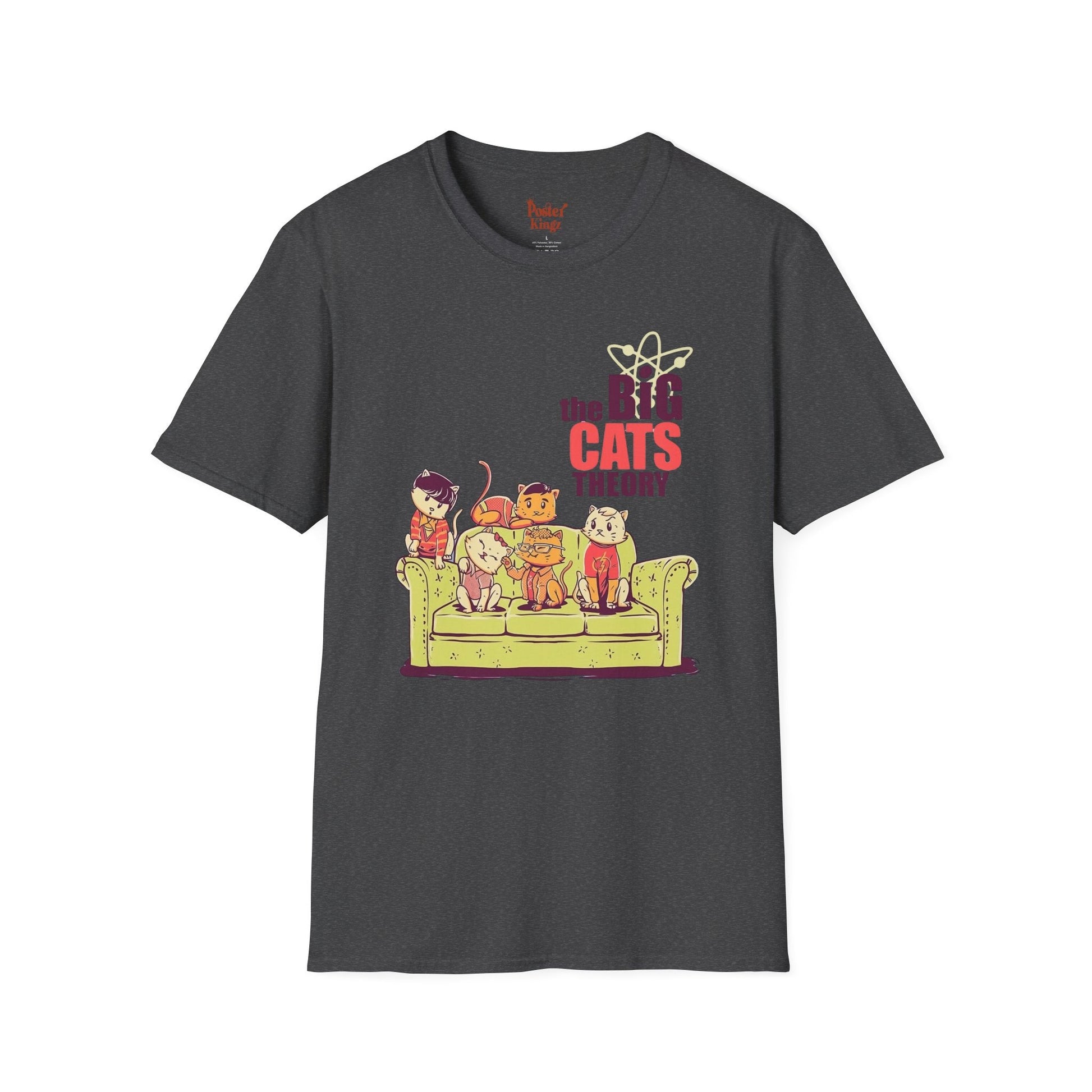 Black t-shirt with The Big Cats Theory Cat Parody