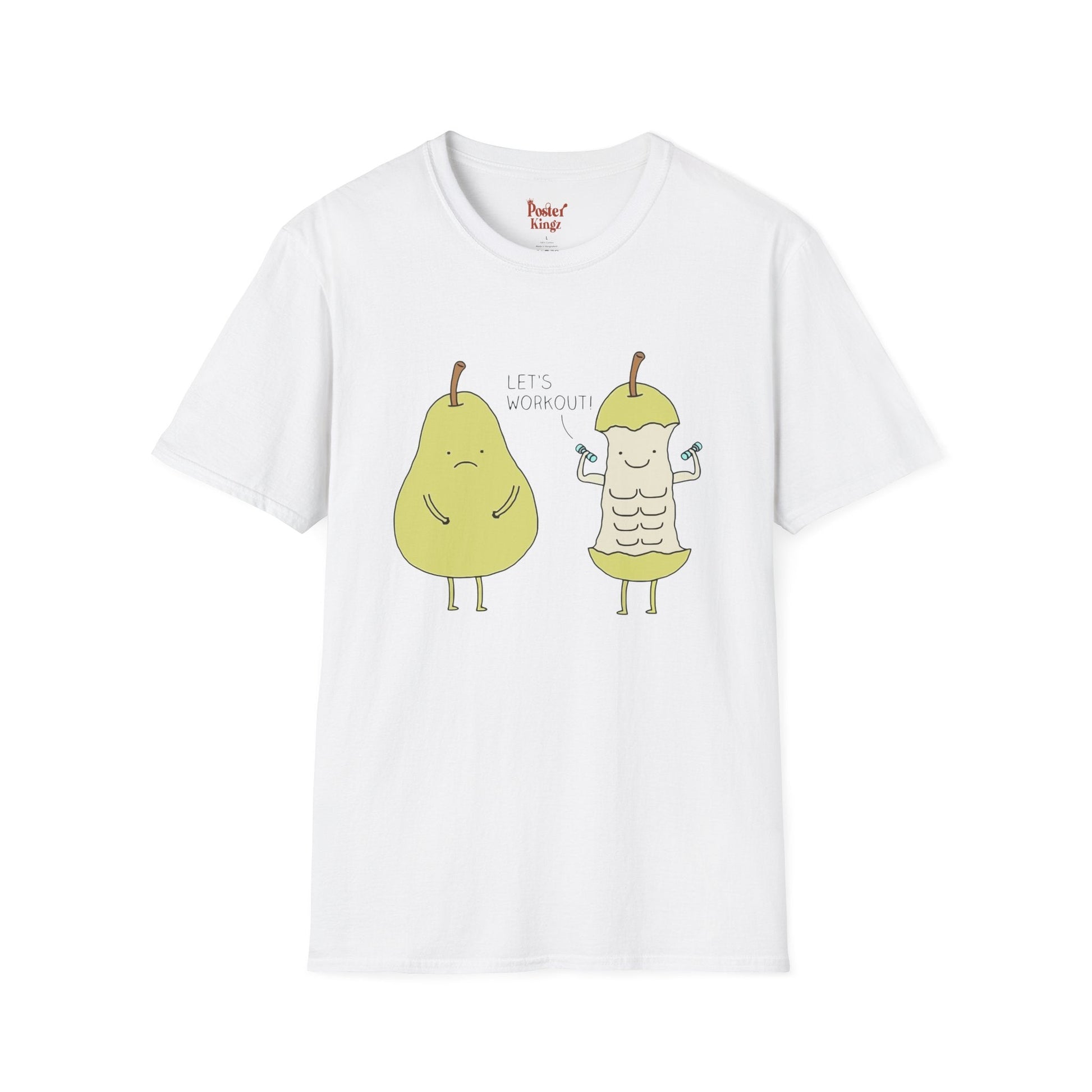 White t-shirt with Let's Workout Pear Gym Fruit Pun