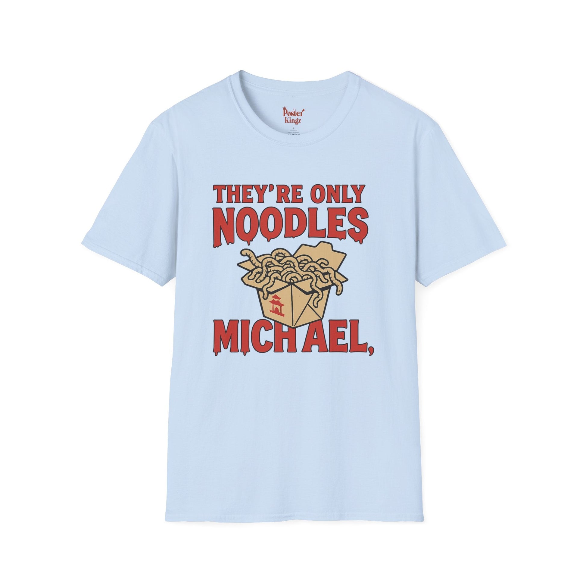 Navy t-shirt with They're Only Noodles Michael Horror Movie Parody