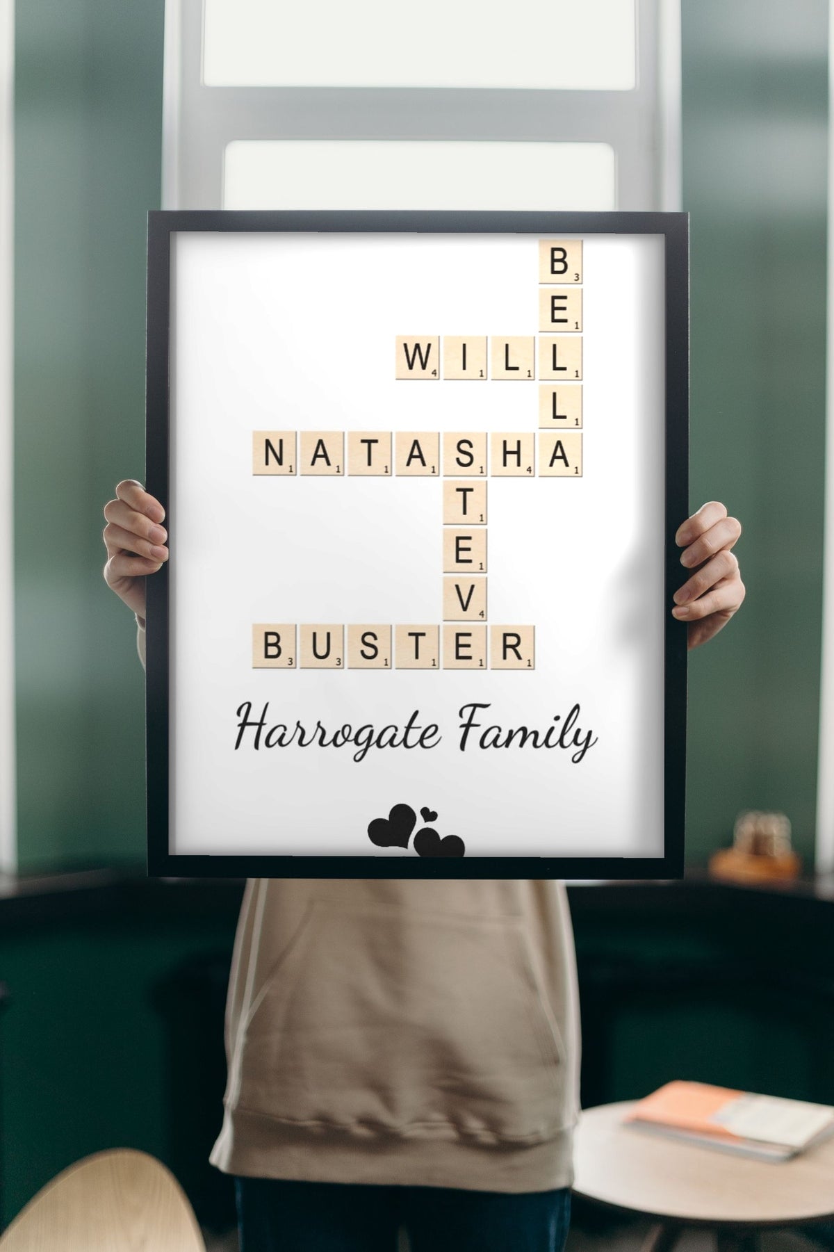 Lifestyle - Personalised Family Name Scrabble Print held up in a bright room