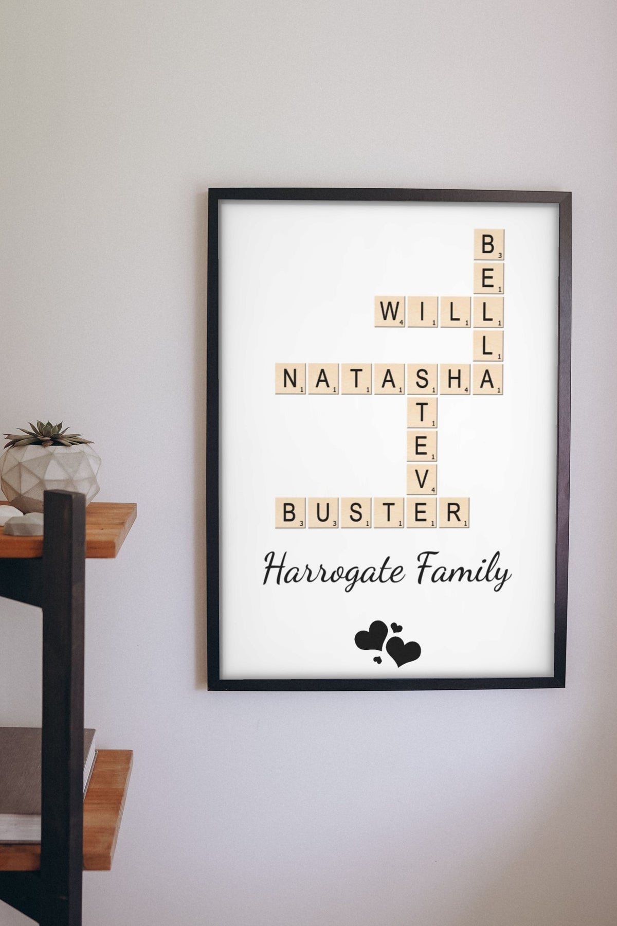 Lifestyle - Personalised Family Name Scrabble Print hanging on a living room wall