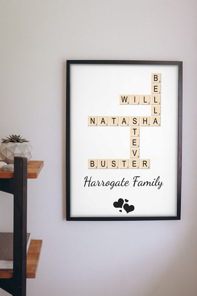Lifestyle - Personalised Family Name Scrabble Print hanging on a living room wall