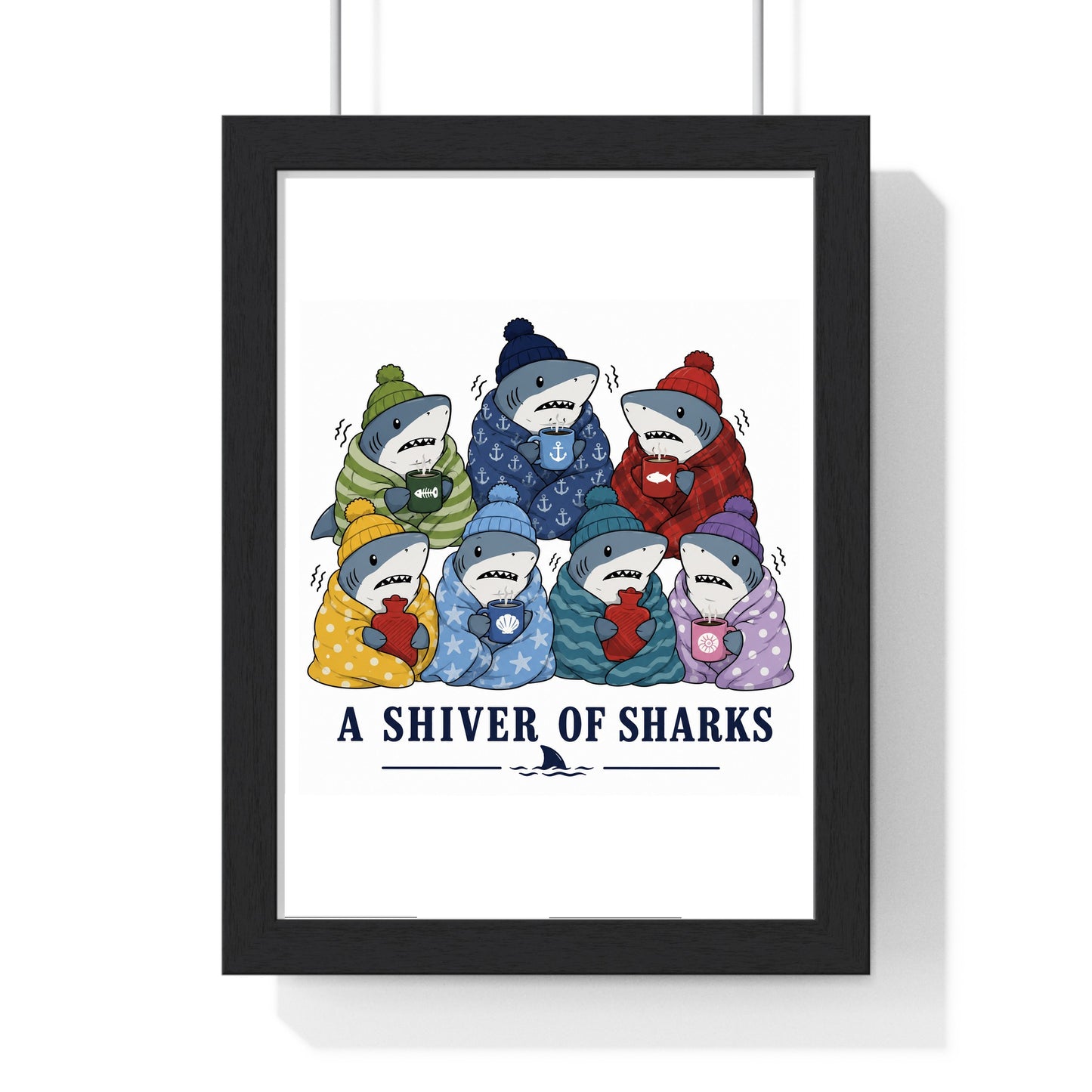 A Shiver of Sharks poster framed in black wood frame