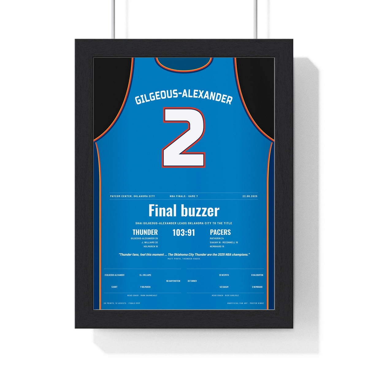 Shai Gilgeous-Alexander 2025 NBA Finals Game 7 Poster - Oklahoma City Thunder 2 Championship Jersey Print framed in a black frame, ready to hang