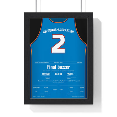 Shai Gilgeous-Alexander 2025 NBA Finals Game 7 Poster - Oklahoma City Thunder 2 Championship Jersey Print framed in a black frame, ready to hang