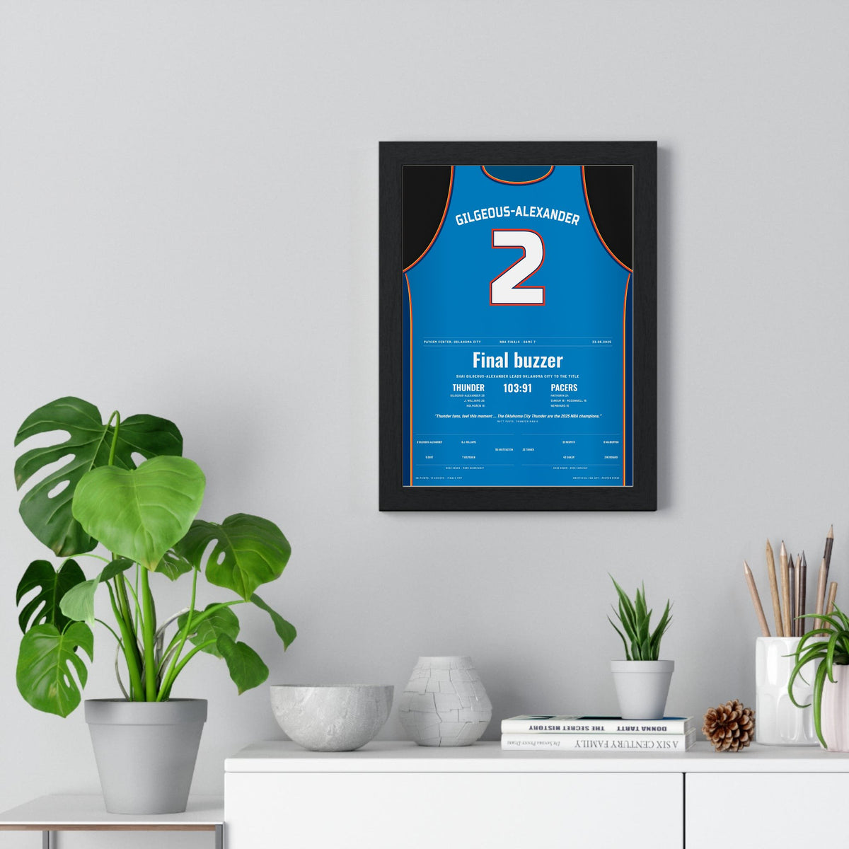 Shai Gilgeous-Alexander 2025 NBA Finals Game 7 Poster - Oklahoma City Thunder 2 Championship Jersey Print framed on a living room wall