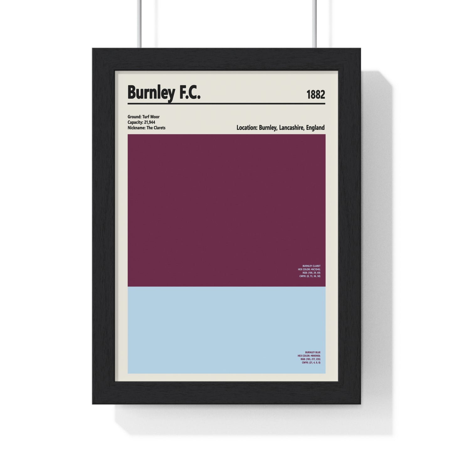 Burnley FC colour swatch print featuring claret and blue wall art