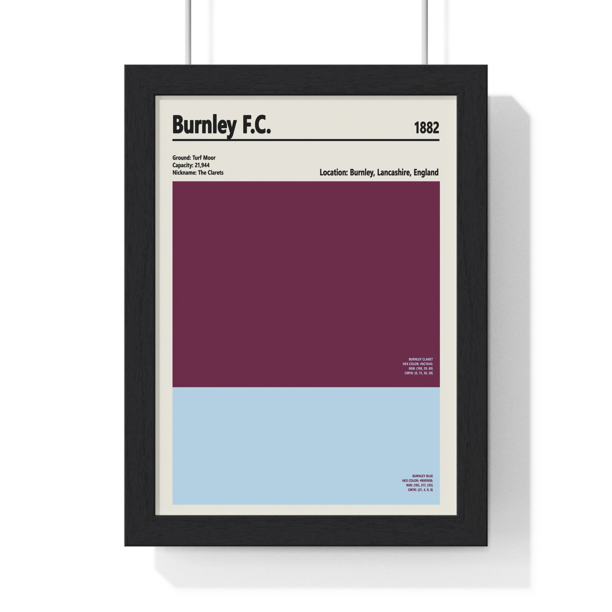 Burnley FC colour swatch print featuring claret and blue wall art