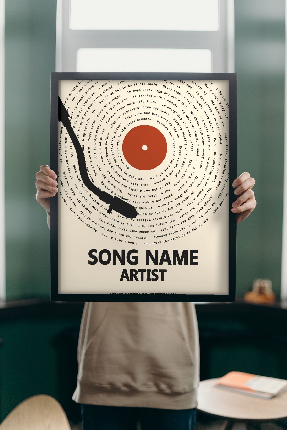 Lifestyle - Personalised Song Lyrics Vinyl Record Print held up in a bright room