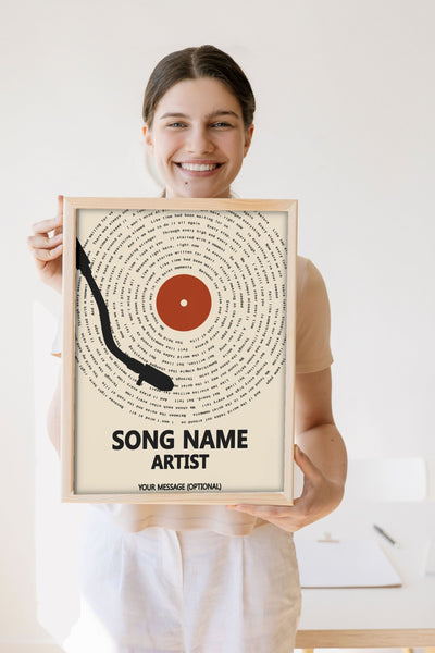 Lifestyle - Personalised Song Lyrics Vinyl Record Print held by a smiling woman