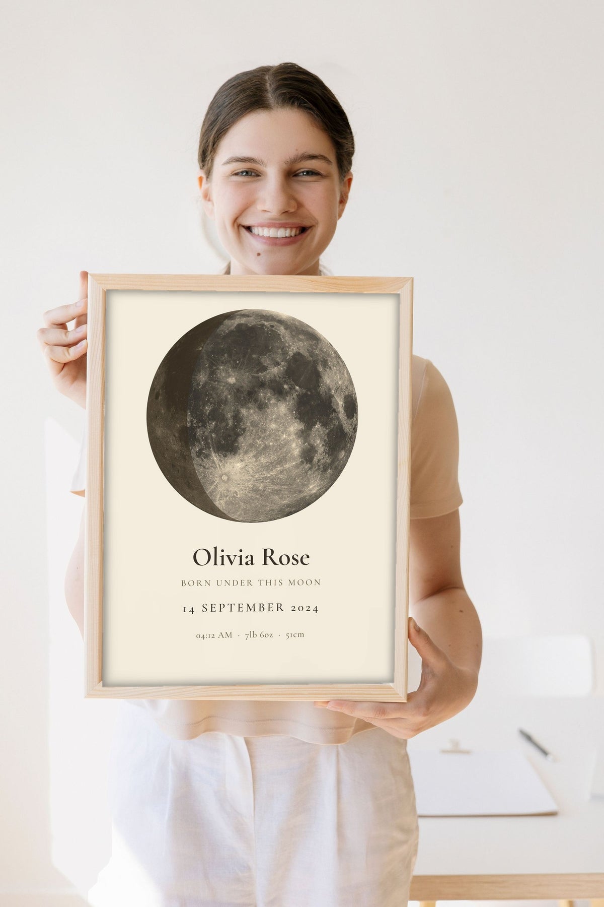 Lifestyle - Personalised New Baby Moon Phase Print held by a smiling woman