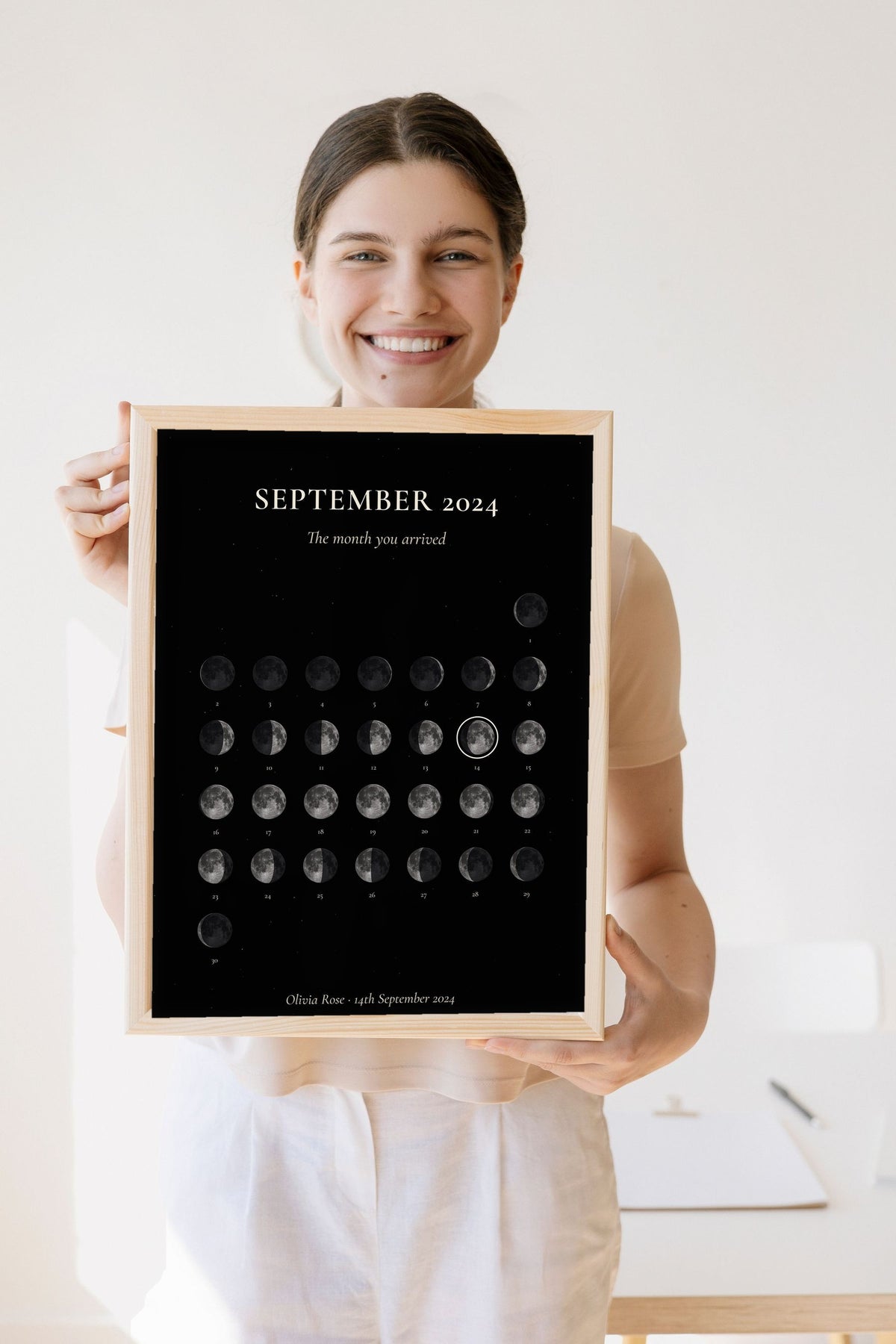 Lifestyle - Personalised Moon Calendar Print held by a smiling woman