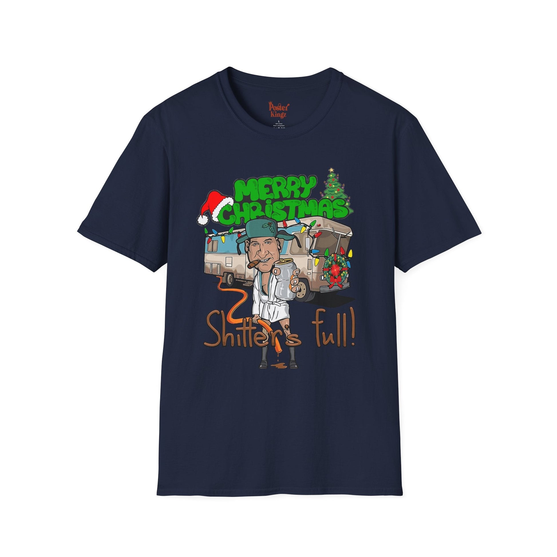Navy t-shirt with Shitter's Full Christmas Christmas Vacation Parody