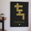 Lifestyle - Personalised Glitter Family Name Scrabble Print hanging on a living room wall