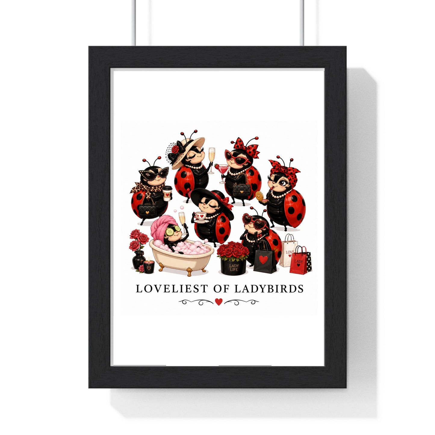 Loveliest of Ladybirds poster in black wood frame with white mount, UK printed nature wall art