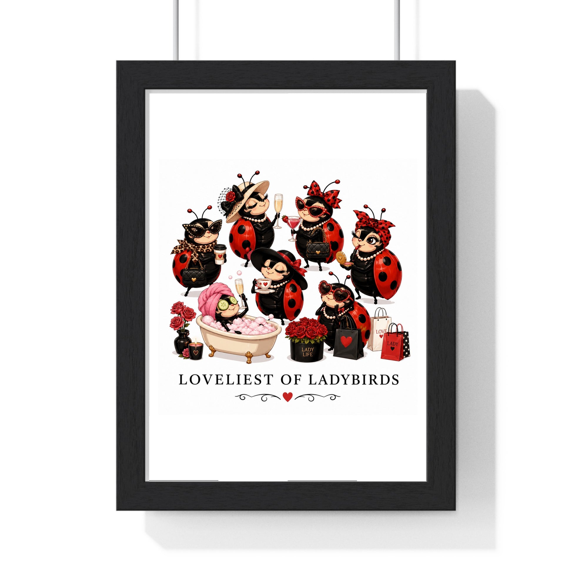 Loveliest of Ladybirds poster in black wood frame with white mount, UK printed nature wall art