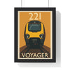Framed poster of a yellow train labeled 'Voyager' with the number '221' on an orange background.