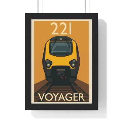 Framed poster of a yellow train labeled 'Voyager' with the number '221' on an orange background.