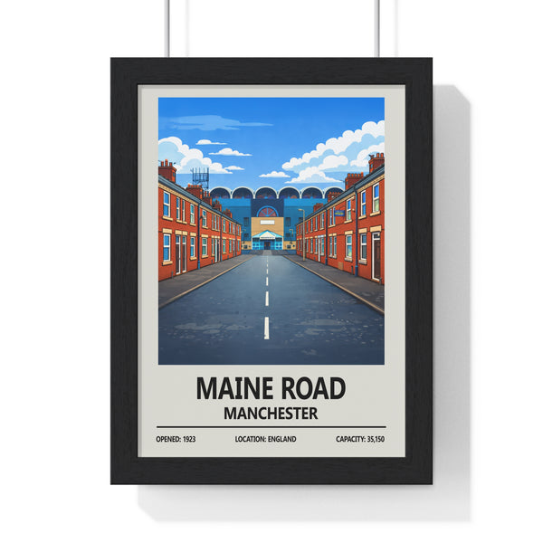 Maine Road Manchester print framed in black Poster Kingz frame showing historic Manchester City stadium