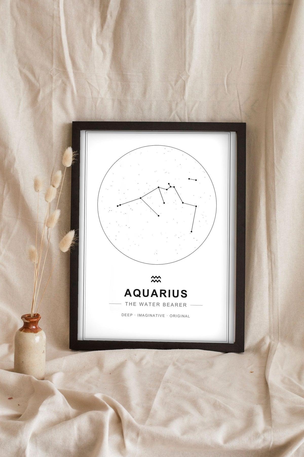 Lifestyle - Personalised Zodiac Star Sign Print leaning in a frame with dried flowers