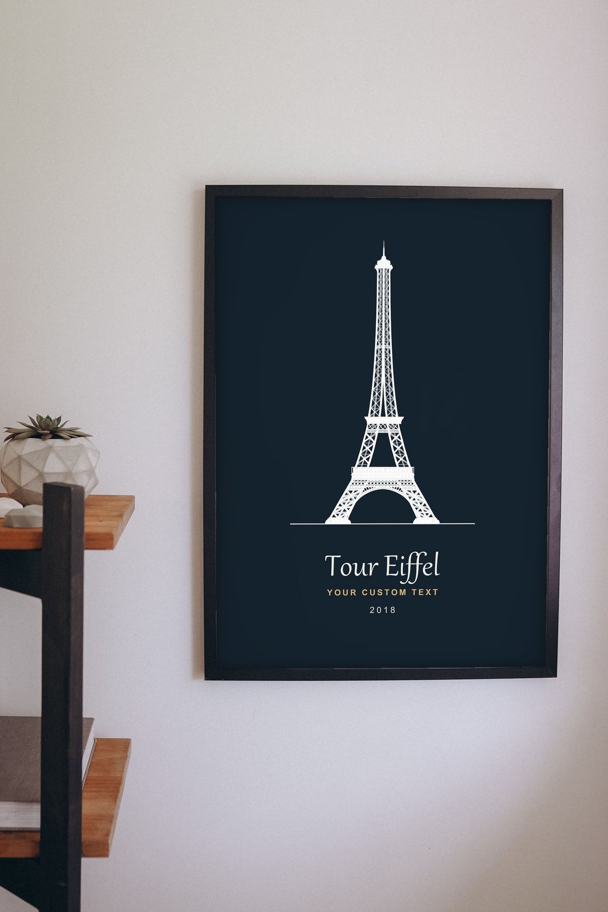 Lifestyle - Personalised Eiffel Tower Line Art Print hanging on a living room wall