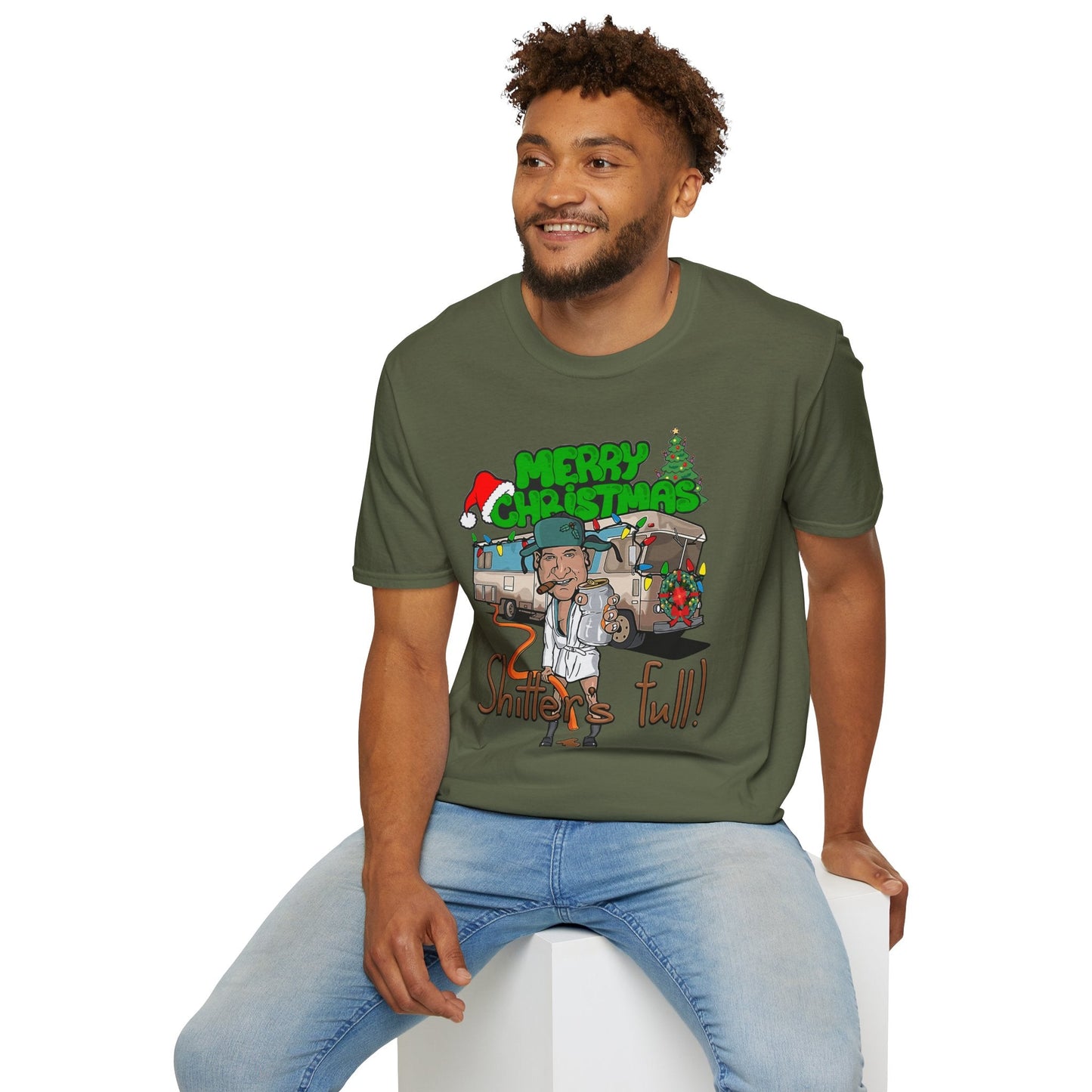 Navy t-shirt with Shitter's Full Christmas Christmas Vacation Parody