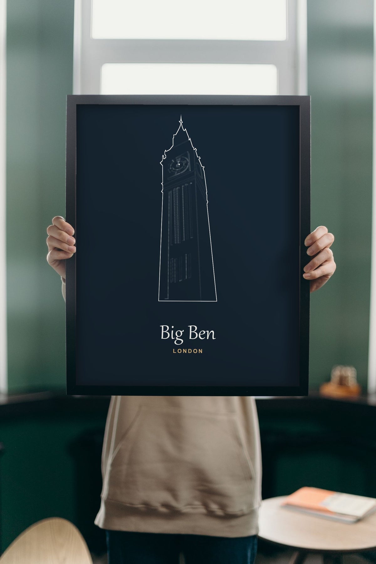 Lifestyle - Personalised Big Ben Line Art Print held up in a bright room