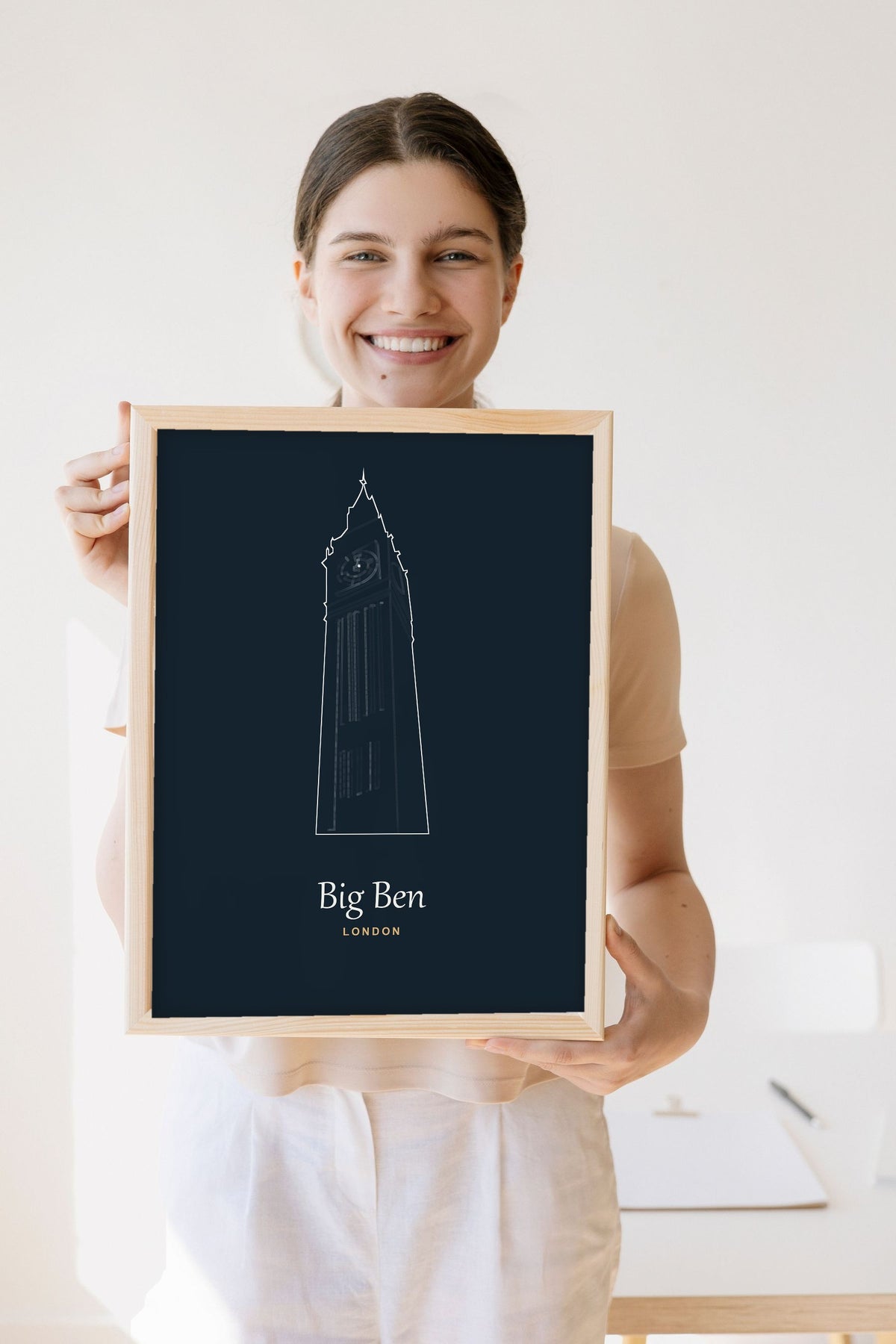 Lifestyle - Personalised Big Ben Line Art Print held by a smiling woman