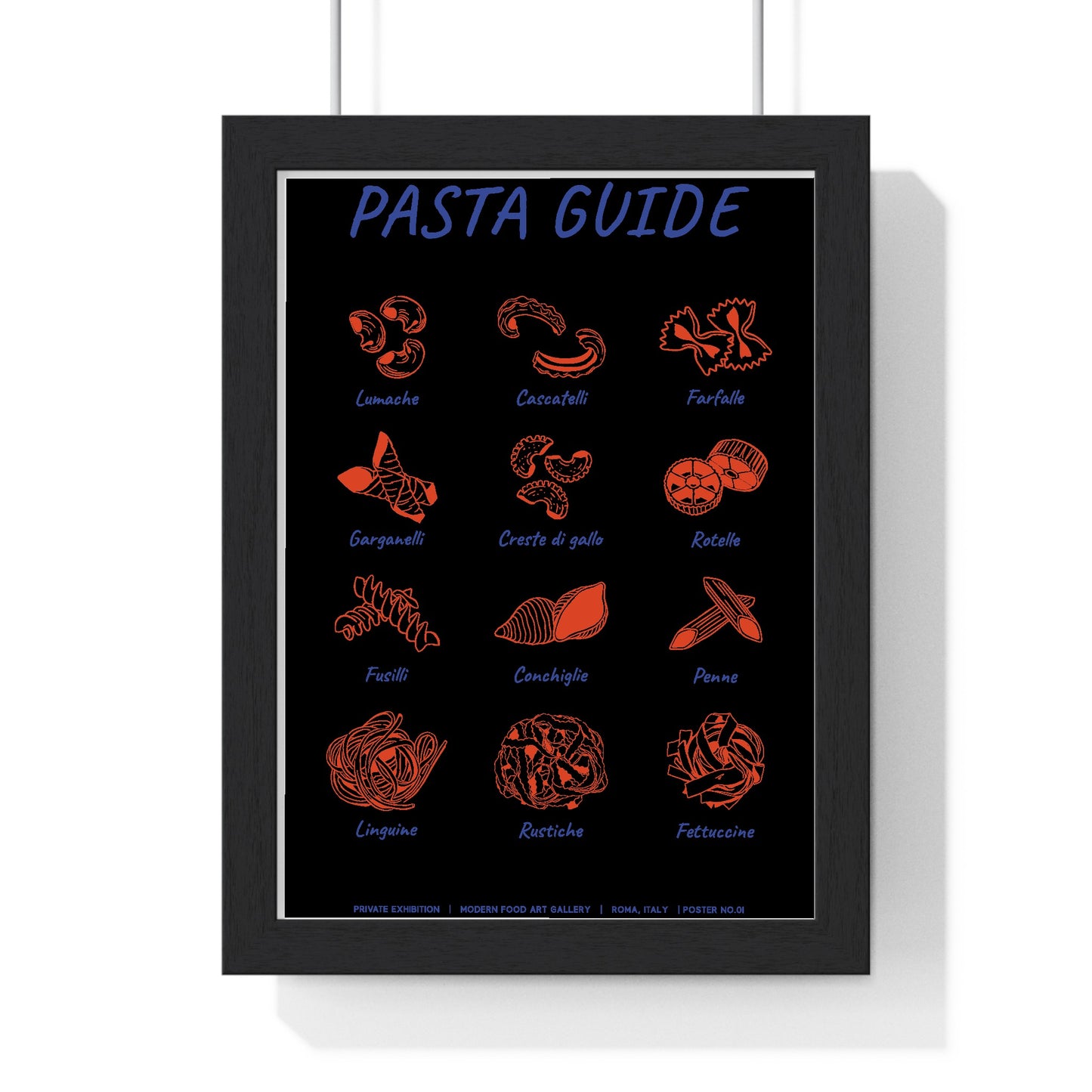 Hand drawn Italian pasta guide poster in black wood frame