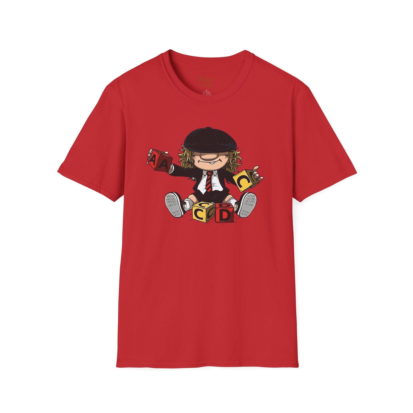 Red t-shirt with AC/DC Baby Blocks Parody Rock