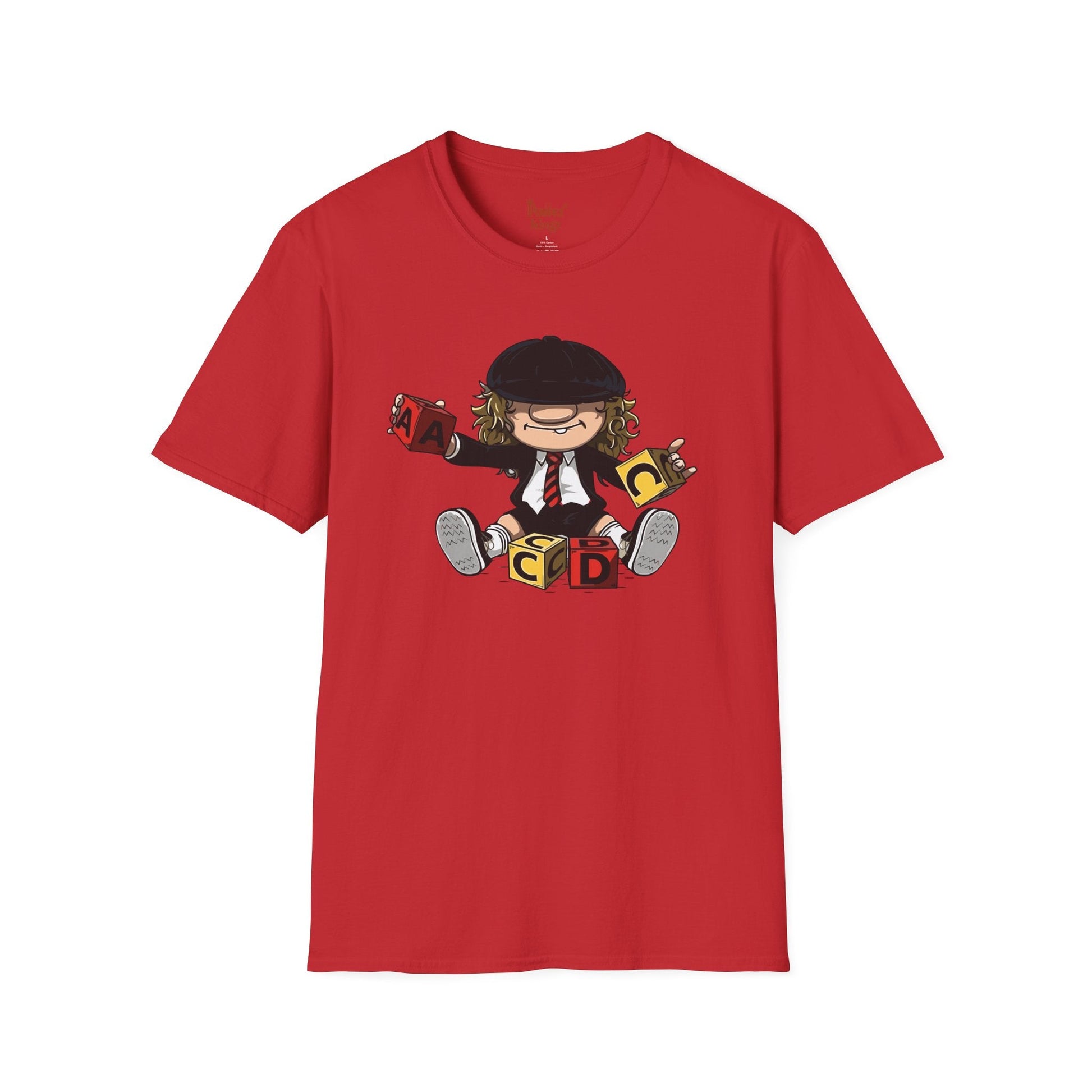 Red t-shirt with AC/DC Baby Blocks Parody Rock