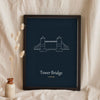 Lifestyle - Personalised Tower Bridge Line Art Print leaning in a frame with dried flowers