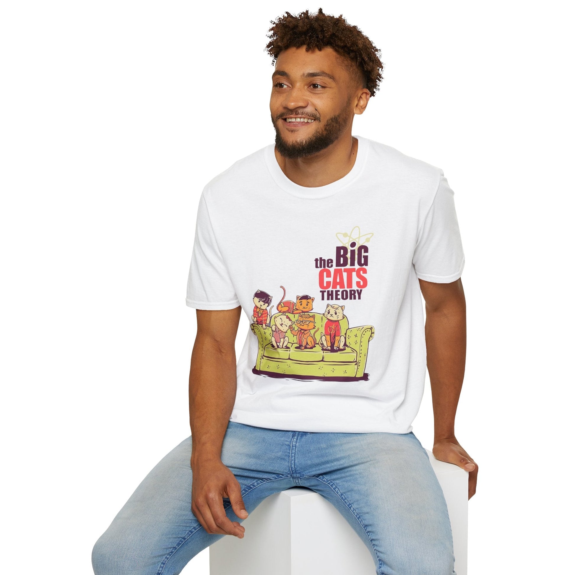 Black t-shirt with The Big Cats Theory Cat Parody