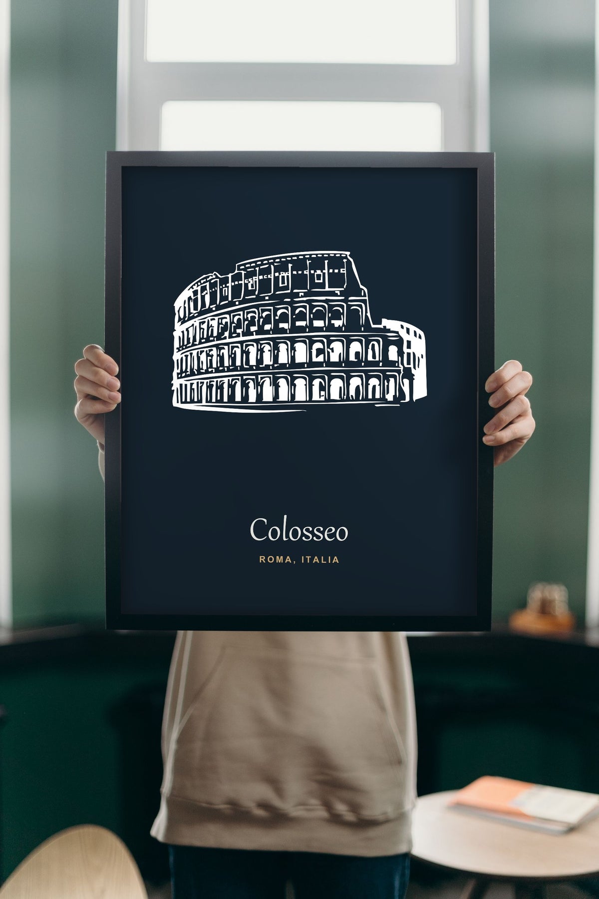 Lifestyle - Personalised Colosseum Line Art Print held up in a bright room