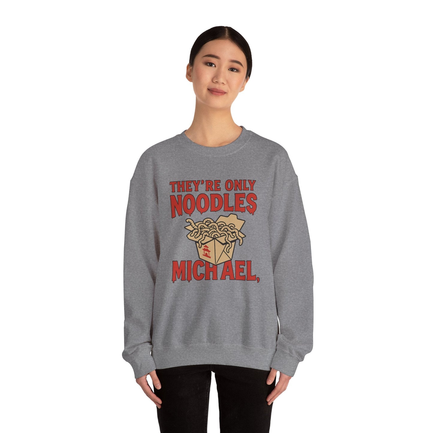 Black t-shirt with They're Only Noodles Michael Sweatshirt Horror Movie Parody