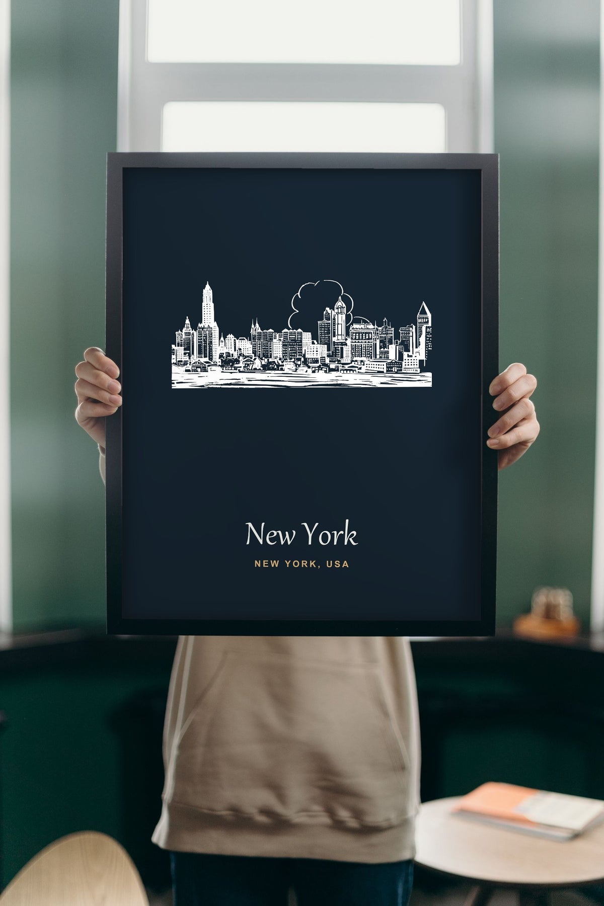 Lifestyle - Personalised New York Line Art Print held up in a bright room