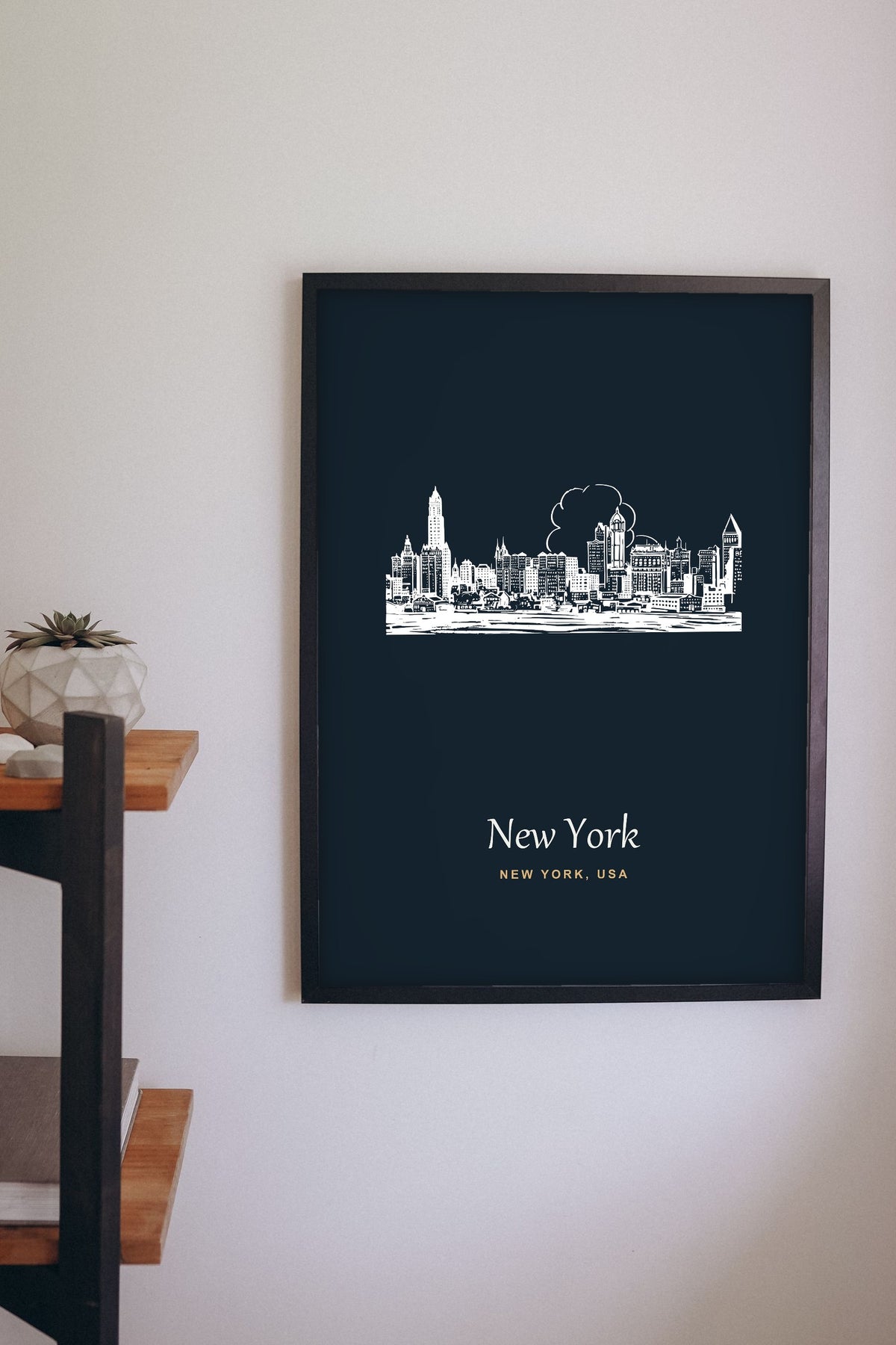 Lifestyle - Personalised New York Line Art Print hanging on a living room wall