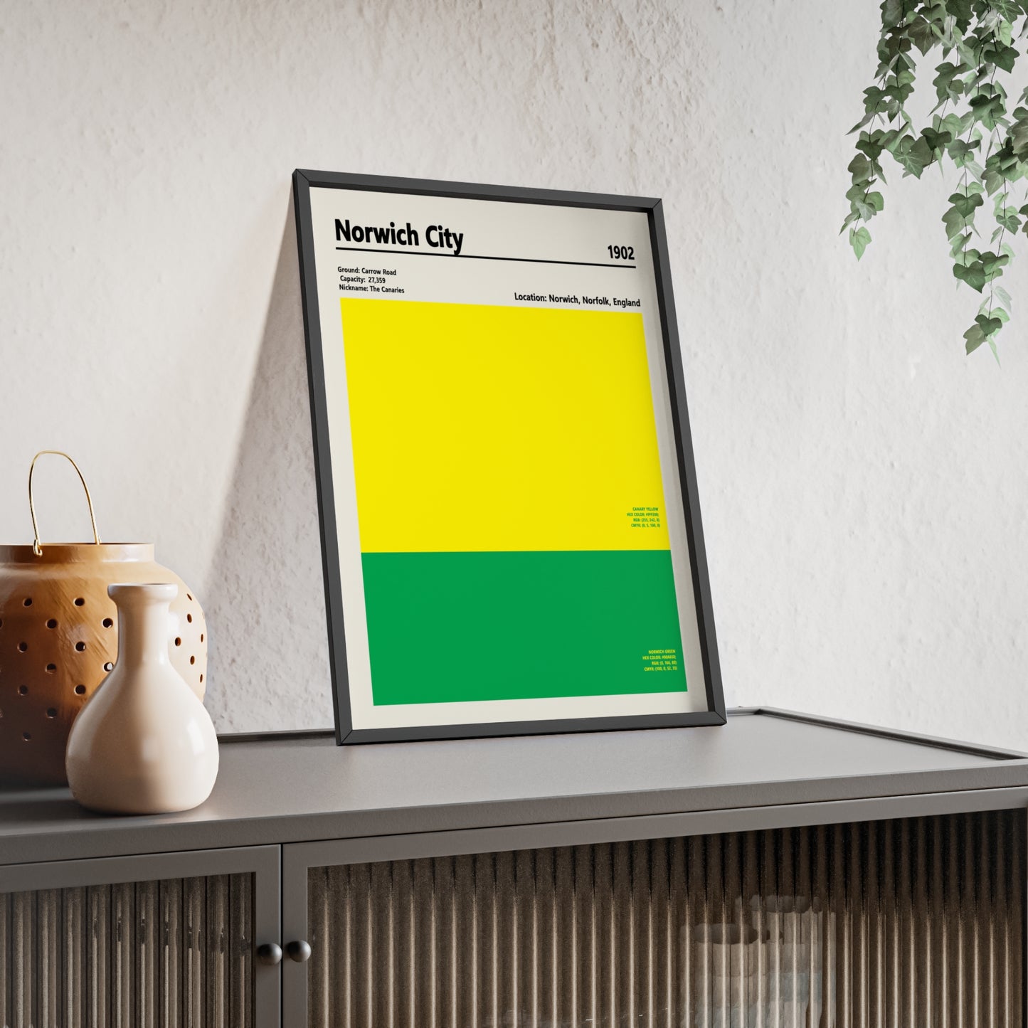 Minimalist Norwich City football colour print framed
