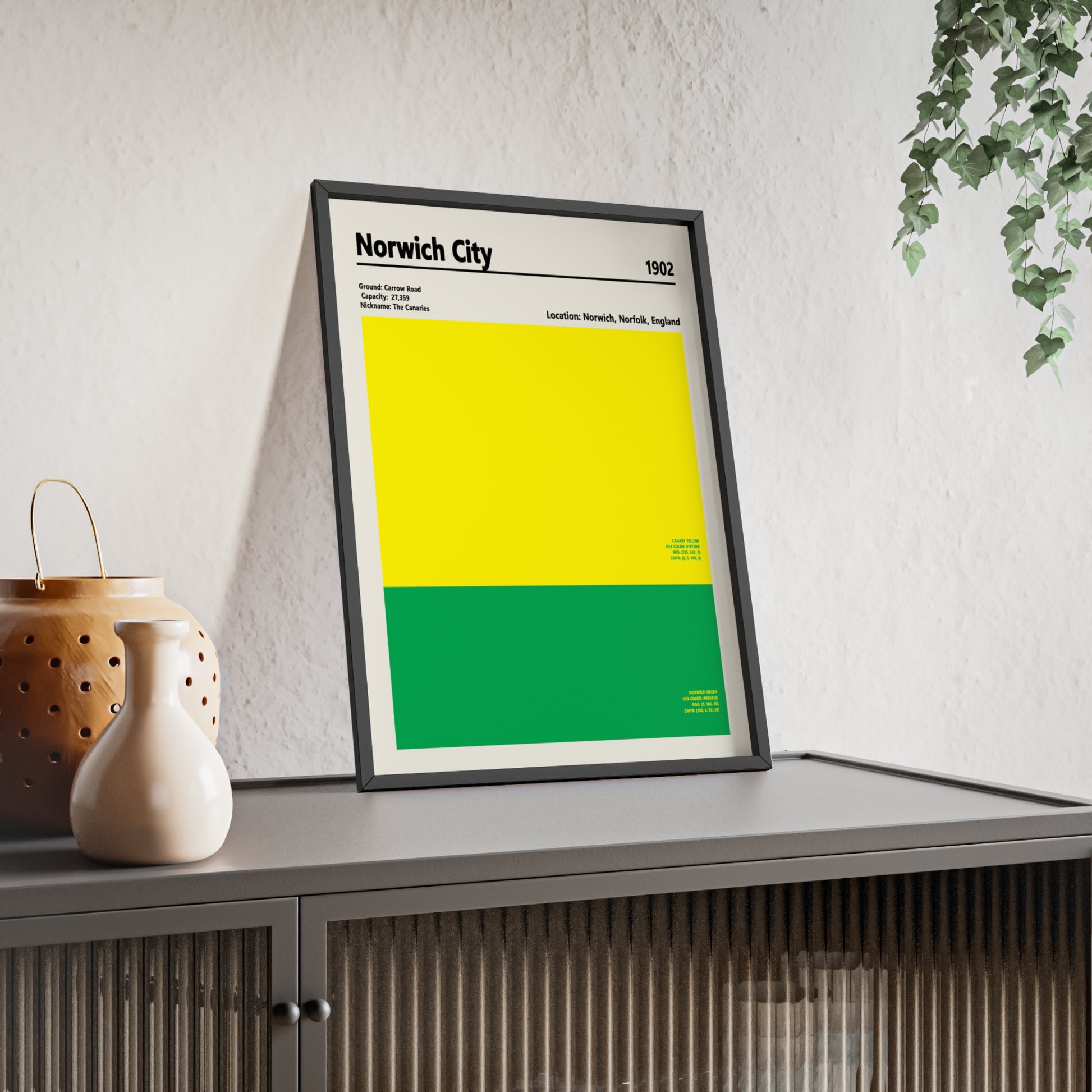Minimalist Norwich City football colour print framed